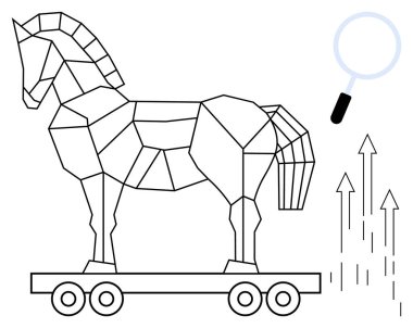 Tekerlekli çokgen Truva atı, büyüteç ve yukarı doğru oklar analizi, stratejiyi, siber güvenliği, ilerlemeyi, dijital tehdidi, yeniliği ve basit bir düz bir dairede basitleştirilmiş mesajlaşmayı öneriyor.