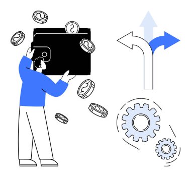 Cüzdanı bozuk paralar, dişliler ve bölünmüş oklarla çevrili olan adam, finans, karar verme, tasarruf, ekonomi, yenilik, iş stratejisi ve basit bir düz metaforda büyümeyi sembolize ediyor.