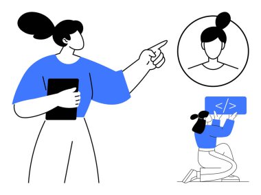 Elinde tablet olan bir kadın profil resmine işaret ederken, diğeri de kodlama elemanlarıyla etkileşime geçiyor. Liderlik, teknoloji, tasarım, kullanıcı profilleri, eğitim, takım çalışması ve basit bir iniş için ideal