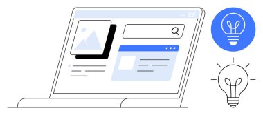 Bir arama çubuğu, görüntü önizlemesi ve fikir ve yeniliği sembolize eden ampul simgeleriyle arayüz elemanlarını içeren dizüstü bilgisayar ekranı. Yaratıcılık, yenilik, teknoloji, araştırma, eğitim için ideal