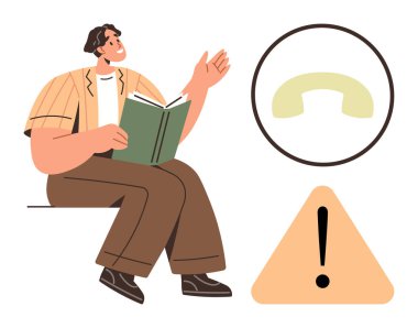 Adam açık bir kitap tutuyor ve bir telefon ikonu ve uyarı üçgeninin yanında el kol hareketi yapıyor. Eğitim için ideal, uyarı sistemleri, uyarıcı tavsiyeler, iletişim, farkındalık, öğrenme, basit düz metafor