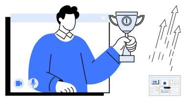 Video arayüzünde ödülü elinde tutan kişi. Oklar büyümeyi simgeler. Verili küçük ekran. Başarı, takım çalışması, büyüme, liderlik, tanıma başarısı için ideal online katılım. Basit.