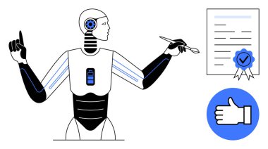 Robot imzalı belgeyi inceliyor, başparmak onay simgesinde verimlilik gösteriyor. Yenilik, teknoloji, dijitalleştirme, onay süreci, otomasyon, robotik, basit iniş sayfası için ideal