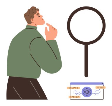 Büyüteç ve atom diyagramının yanında araştırma, analiz, merak ve araştırmayı sembolize eden bir adam. Bilim, yenilik, eğitim, keşif, problem çözme için ideal