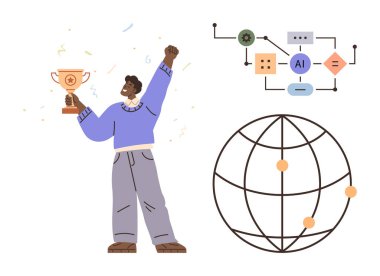 Yapay zeka akış şeması ve küresel ağ diyagramının yanında ödül taşıyan kişi. Takım çalışması, yenilik, makine öğrenimi, teknoloji entegrasyonu, başarı, liderlik için ideal