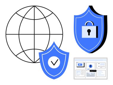 Küre küresel bağlantıyı sembolize ediyor, kalkanlar kilit ve kontrol işaretli, ve analitik için dijital ekran. Siber güvenlik, veri gizliliği, dijital koruma, İnternet güvenliği için ideal