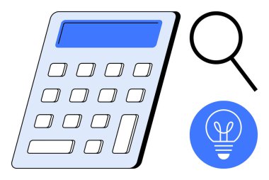 Hesap makinesi, büyüteç ve ampul ikonu hesaplamalar, araştırma ve yeniliği sembolize eder. Finans, iş, eğitim, analitik sorun çözme stratejisi ve basit bir iniş için ideal