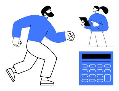 Kasten yürüyen bir adam, elinde tablet tutan bir kadın görevleri tartışan bir kadın ve yönetimi sembolize eden bir hesap makinesi. Takım çalışması, üretkenlik, finans, işbirliği, planlama, analiz için ideal