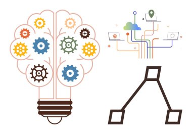 Vitesli ampul, ağ düğümleri, bulut ve iki kare akış şeması tasarımı. Yaratıcılık, takım çalışması, teknoloji, beyin fırtınası yenilikçi karar verme ve süreç için idealdir. Basit düz metafor