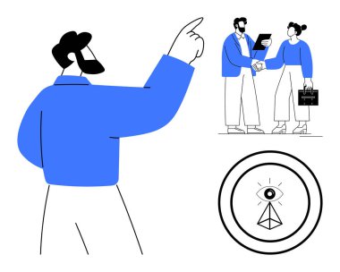 İleriyi gösteren bir adam, iki profesyonel el sıkışıyor evrak ve evrak çantası ve bir göz piramidi sembolü. Liderlik için ideal, karar verme, takım çalışması, başarı, ortaklık, vizyon