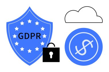 GDPR mesajı ve yıldızlı mavi kalkan, bulut, dolar işareti çemberi ve asma kilit. Veri koruması, gizlilik politikası, bulut depolama, siber güvenlik, çevrimiçi güvenlik için ideal basit bir daire