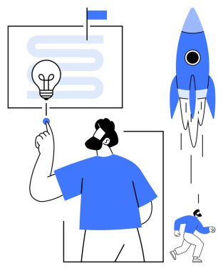 Ampulü fikir kıvılcımları gibi gösteren adam, roket fırlatma başarısı, ilerleme yolu. Yenilik için ideal, başlangıç büyümesi, yaratıcılık, liderlik, hedef belirleme, motivasyon basit düz metafor