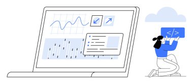 Veri grafikleri, analitik ve ayarları olan bir dizüstü bilgisayar, bir bulutun altında kodlama ekranı tutan bir programcının yanında. Teknoloji, veri bilimi, kodlama, yazılım geliştirme, analitik için ideal