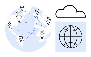 Yerdeki lokasyonlar birbirine bağlı bir ağ, dünya ızgara simgesi ve bulut hesaplama için bir bulut oluşturuyor. Küresel iletişim, teknoloji, yenilik, bulut depolama, konum belirleme, ağ oluşturma için ideal
