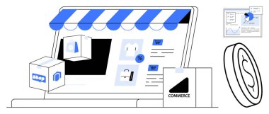 Dükkanlı dizüstü bilgisayar, alışveriş arabaları, ürün resimleri, kutu ambalajı, çizelgesi ve bozuk para. E-ticaret için ideal, çevrimiçi alışveriş, pazarlama fintech perakende veri analizi basit iniş sayfası