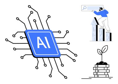 Bağlı devreleri olan yapay zeka mikroçipi, bar çizelgelerinde veri arayan adam, istiflenmiş paralardan filizlenen bitki. AI eğilimleri, veri analizi, teknoloji, büyüme, yenilik ve yatırım için ideal
