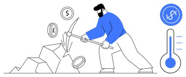 Sıcaklık göstergesi finansal faaliyet gösterirken, işçiler madeni paraları çıkarmak için kayalara çarpıyor. Yatırım, madencilik, finans, çaba, ekonomi, büyüme, zenginlik temsilciliği için idealdir. Basit.