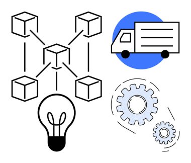 Küpleri birbirine bağlayan blok zinciri, dağıtım kamyonu, ampul ve mekanik vitesler. Lojistik, yenilik, teknoloji, otomasyon zinciri tedarik zinciri verimliliği için ideal. Basit düz