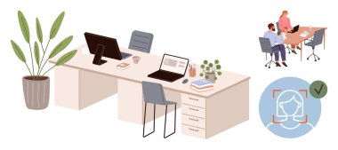 Bilgisayarlı ofis masaları, saksı bitkisi, ofis malzemeleri, masada takım tartışması, yüz tanıma konsepti. İş yeri, işbirliği, takım çalışması, teknoloji güvenlik verimliliği için ideal