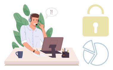 Masada güvenlik kilidi ikonu ve pasta grafiğinin yanında çalışan kulaklıklı müşteri hizmetleri görevlisi. İletişim, takım çalışması, teknoloji, mahremiyet, güvenlik, müşteri hizmetleri uzaktan kumandası için ideal. Modern daire