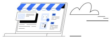 Laptopta ürünler, fiyatlandırma ve mavi tentelerle çevrimiçi bir mağaza var. Bulut ve temiz tasarım e-ticaret, alışveriş, dijital pazarlama, ürün listeleme, web sitesi tasarımı ve çevrimiçi