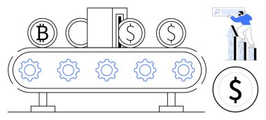 Şifreli para ve dolar işaretleriyle etiketlenmiş sikkeler dişlilerle çalışan bir taşıyıcıda hareket eder. Bir insan büyüme çizelgelerini inceler. Finans, ticaret, teknoloji, yenilik, başarı, yatırım için ideal