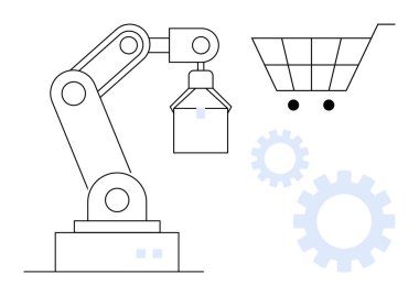 Otomasyon, robotik, e-ticaret, üretim, tedarik zinciri, teknoloji, iş süreçleri, basit düz metafor için vites ve alışveriş arabası ikonu dışında robot kol kaldırma objesi