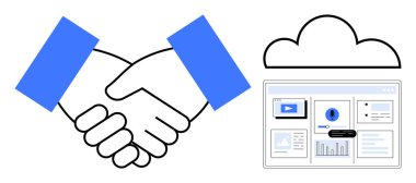 Bulut ve gösterge paneli, tablolar, analitik ve medya ile işbirliği yapan iki kişi arasında tokalaşma. Takım çalışması, teknoloji, veri, yenilik, ağ, iş için ideal