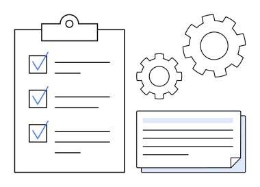 Kontrol listesi, dişliler ve organizasyonu, iş akışını, görev yönetimini ve verimliliği sembolize eden belgeler. Planlama, iş stratejisi, takım çalışması verimliliği ve zaman yönetimi için ideal