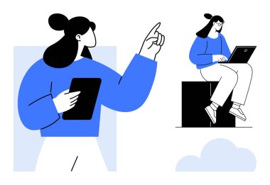 Kendine güvenen bir kadın tableti elinde tutarken bir diğeri de dizüstü bilgisayarla yukarı doğru hareket ediyor. Takım çalışması, iletişim, eğitim, uzaktan çalışma, beyin fırtınası, işbirliği ve yenilik için ideal. Basit düz metafor