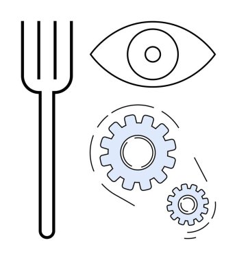 Çatal, göz ve birbirine kenetlenmiş dişliler odak, yenilik, verimlilik, takım çalışması, mekanik, gıda sistemleri endüstriyel iş akışını sembolize eder. Yaratıcılık verimlilik sistemi için ideal bir takım çalışması