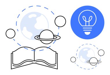 Açık kitap, gezegen yörüngeleri, Dünya ve ampul eğitimi, yeniliği, uzay keşiflerini, küresel bağlantıyı ve yaratıcılığı temsil ediyor. Eğitim bilimi teknolojisi sürdürülebilirliği için ideal
