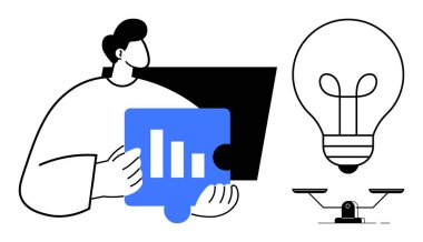 Elinde mavi yapboz parçası olan kişi ampul ve denge ölçeğinin yanında duruyor. Problem çözme, yenilik, strateji, karar verme, yaratıcılık, analiz, takım çalışması için idealdir. Basit bir daire.