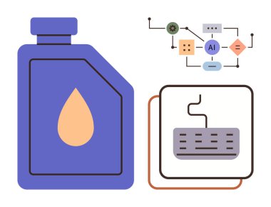 Gelişmiş yapay zeka işlem akış şeması ve kablo yonga, otomasyon, teknoloji, yenilik, enerji verimliliği, endüstriyel gelişim, akıllı sistemler ve üretkenliği sembolize eder