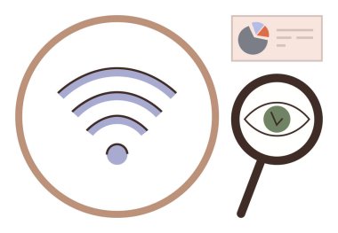 Kablosuz sinyal çemberin içinde, yeşil gözlü büyüteç, turta grafikli veri tablosu. Bağlantı, analitik, teknoloji, araştırma, veri içgörüsü, kablosuz iletişim için ideal