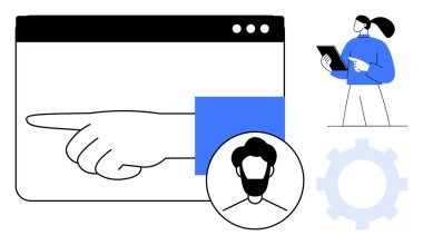 Pencere, işaret eden el, kullanıcı avatarı, profesyonel tablet, vites simgesi. Takım çalışması, kullanıcı deneyimi, rehberlik, öğretim, servis tasarımı navigasyonu için ideal basit iniş sayfası
