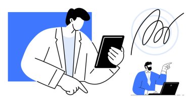 Tabletteki profesyonel verileri analiz etmek, fikirleri meslektaşımla tartışmak, dizüstü bilgisayarı işaret etmek. Takım çalışması, üretkenlik, teknoloji, iletişim, strateji, yenilik, karar verme temaları için ideal