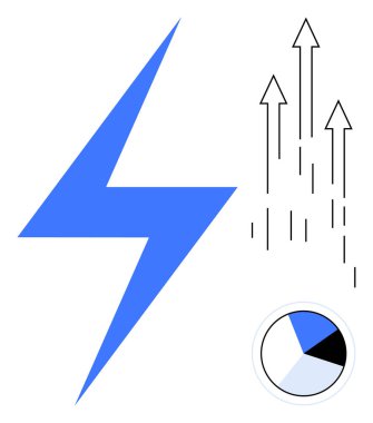 Dikey oklu mavi yıldırım yukarı doğru momentumu sembolize ediyor, segmentli turta grafiğiyle eşleştirilmiş. Enerji, ilerleme, büyüme, veri analizi, yenilik, başarı ve yenilenebilir güç için ideal