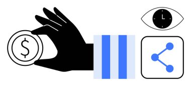 Dolar işareti, saati gösteren göz, mavi çizgili çizelge ve ağ paylaşım ikonu olan bir madeni para. Finans, analitik, zaman yönetimi, üretkenlik, strateji ağı için ideal