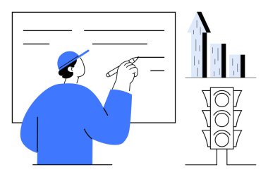 Trafik ışığı ve bar çizelgesinin yanında mavi çizim yapan biri var. Strateji, büyüme, eğitim, performans planlaması, iş analizleri, rehberlik, basit iniş sayfası için ideal