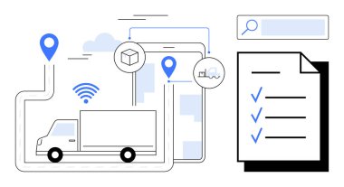GPS izleme, kablosuz sinyaller, kontrol listesi ve mobil entegrasyonlu bir rotada nakliye kamyonu. İkmal zinciri, lojistik, dağıtım, izleme, teknoloji üretkenliği için ideal basit iniş sayfası