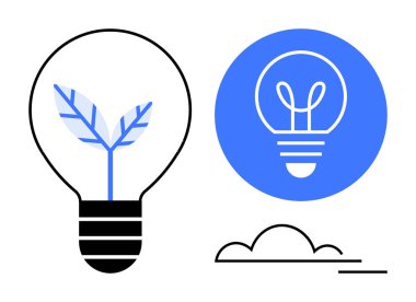 İçinde sürdürülebilirliği temsil eden yeşil yapraklı ampul, yaratıcılık için mavi yuvarlak ampul simgesi, çevre dostu için minimum bulut. Çevresel tasarım, yenilik ve enerji için ideal