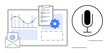 Veri tablosu ve analiz, e-posta, görev listesi, dişli simgesi, ses komutları için mikrofon. Üretkenlik, organizasyon, iş, iletişim analizi iş akışı için ideal basit iniş sayfası