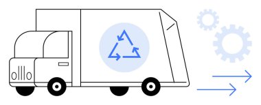 Geri dönüşüm okları, dişliler ve ileri oklar içeren kamyon sürdürülebilirliği, ilerlemeyi ve verimliliği simgeliyor. Geri dönüşüm, eko-bilinç, sürdürülebilirlik, yeşil lojistik atık yönetimi için ideal