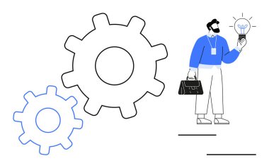 Yanında evrak çantası olan ampulü tutan adam takım çalışmasını, yenilikleri ve optimizasyonu simgeliyor. Yaratıcılık, yenilik, takım çalışması, verimlilik, liderlik, planlama için ideal