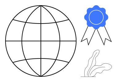 Şebeke çizgileri olan dünya, kurdeleli mavi ödül rozeti ve yeşillik. Sürdürülebilirlik, küresel tanınma, çevre, başarı, doğa yeniliği ve eğitim kavramları için idealdir. Basit düz metafor