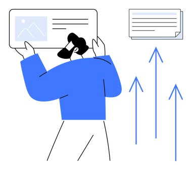 Üzerinde resim, ek kağıt ve yukarı doğru oklar olan bir belgeyi inceleyen kişi. İş için ideal, üretkenlik, büyüme, analitik, kariyer yenilik eğitim temaları. Basit düz metafor