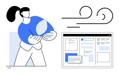 Ekolojik bilinci temsil eden bir yaprak tutan kadın, organize iş akışını gösteren dijital bir arayüz sergiliyor. Sürdürülebilirlik, teknoloji, eko-tasarım iletişimi, organizasyon, uzaktan kumanda için ideal