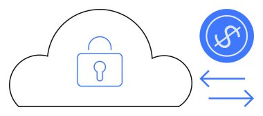 Kilitli bulut veri güvenliğini temsil ediyor, oklar ve dolar işareti finansal işlemleri sembolize ediyor. Teknoloji, finans, siber güvenlik, şifreleme, bulut hesaplama, güvenli ödeme için ideal