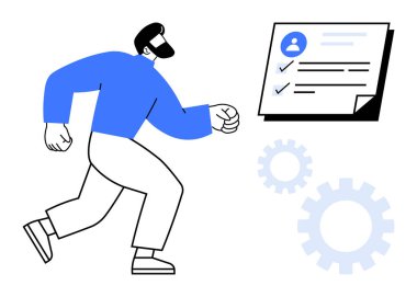 Profil simgesi ve işaretli bir belgeye doğru adım atan adam, görevleri veya hedefleri sembolize ediyor. Üretkenlik için ideal, profesyonel arzu, kariyer kilometre taşları, hedef belirleme, motivasyon